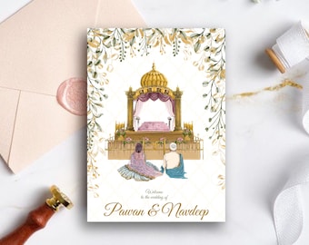 May include: A wedding invitation with a watercolor illustration of a couple in front of a golden temple. The text reads "Welcome to the wedding of Pawan & Navdeep".
