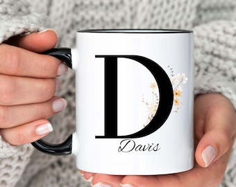 Personalised Floral Initial Mug - Letter D With Name, Gold Print, 15oz Extra Large Ceramic Coffee Cup