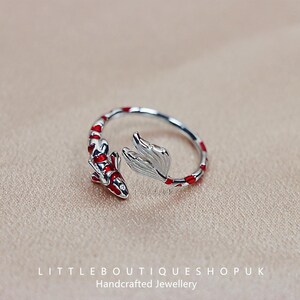 S925 Sterling Silver Red Lucky Koi Open Ring, Adjustable Ring.