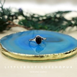925 Sterling Silver Vintage Black Agate Ring, Open Ring.