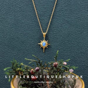 Fire Opal Starburst Necklace in Sterling Silver, White and Blue Opal Star Pendant Necklace, Crystal Star Necklace, Birthstone