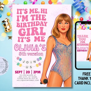 以下が含まれることがあります： 「It's Me, Hi, I'm the Birthday Girl, It's Me, Olivia's 8th version」のテキストが入ったピンク色の誕生日招待状。キラキラ光るボディスーツを着た女性のイラストが含まれています。お揃いのサンキューカードが表示された携帯電話。無料のサンキューカードが含まれています。