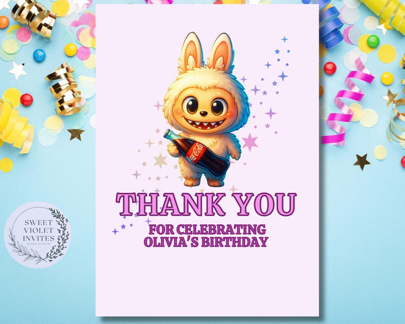 May include: A birthday thank you card featuring a cartoon bunny holding a Coca-Cola bottle. The card has the text "THANK YOU FOR CELEBRATING OLIVIA'S BIRTHDAY" in purple. The background is light pink with star accents.