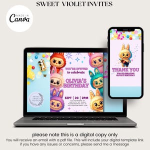 May include: A laptop and smartphone display a digital invitation and thank you card. The invitation features cartoon characters and the text "OLIVIA'S BIRTHDAY" and "SEPT 20 2PM". The thank you card has a similar design with the text "THANK YOU".