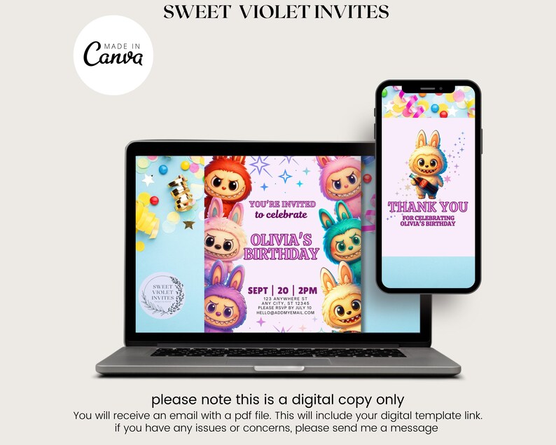 May include: A laptop and smartphone display a digital invitation and thank you card. The invitation features cartoon characters and the text "OLIVIA'S BIRTHDAY" and "SEPT 20 2PM". The thank you card has a similar design with the text "THANK YOU".