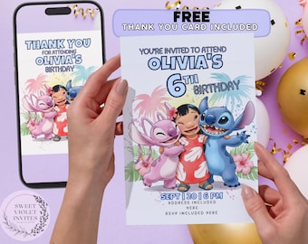 May include: A birthday invitation featuring the characters Lilo, Stitch, and Angel. The invitation is light purple with the text "You're Invited to Attend Olivia's 6th Birthday". A matching "Thank You" card is included.