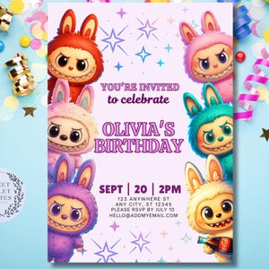 May include: A birthday party invitation featuring cartoon monster characters in various colors, including red, pink, and purple. The invitation text reads "You're invited to celebrate Olivia's Birthday" with date, time, and RSVP information. The design includes star accents.