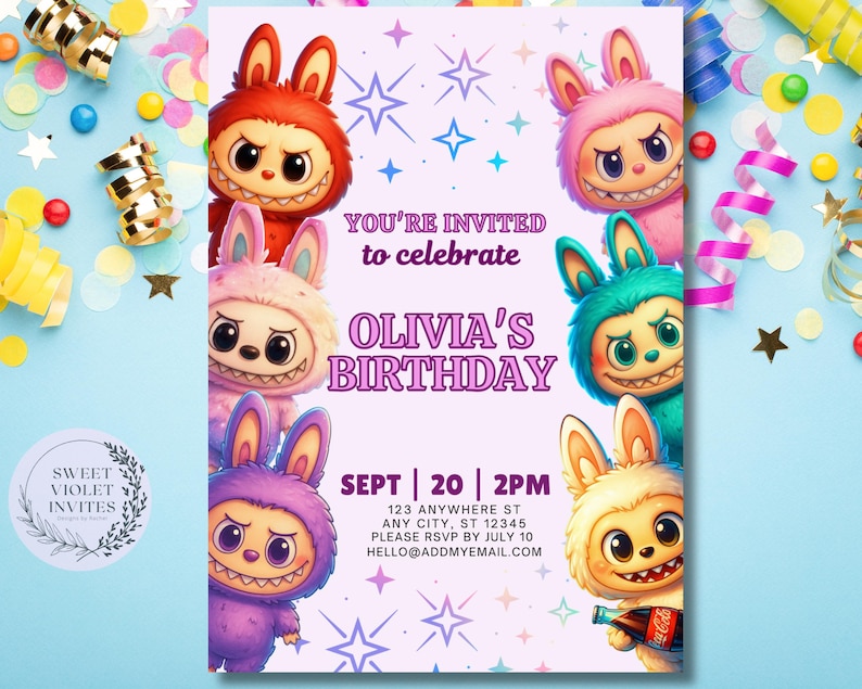 May include: A birthday party invitation featuring cartoon monster characters in various colors, including red, pink, and purple. The invitation text reads "You're invited to celebrate Olivia's Birthday" with date, time, and RSVP information. The design includes star accents.