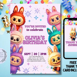 May include: A birthday invitation featuring colorful cartoon monsters with bunny ears. The invitation includes the text "You're invited to celebrate Olivia's Birthday" and event details. A matching thank you card is also shown on a smartphone.