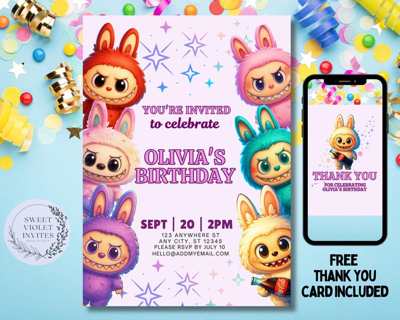 May include: A birthday invitation featuring colorful cartoon monsters with bunny ears. The invitation includes the text "You're invited to celebrate Olivia's Birthday" and event details. A matching thank you card is also shown on a smartphone.