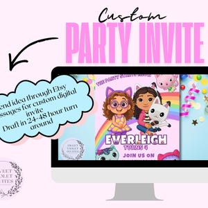 Puede incluir: Un monitor de computadora muestra una invitación de fiesta personalizada. La invitación presenta personajes de dibujos animados, un arcoíris y el nombre "Everleigh Turns 4". El texto en la pantalla dice: "Envía tu idea a través de mensajes de Etsy para una invitación digital personalizada."