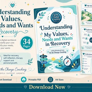 May include: A 34-page digital workbook titled Understanding My Values, Needs and Wants in Recovery. The cover features a compass, a winding path, and teal accents. Includes three additional page previews: My Values Roadmap, Exploring My Needs, and Understanding My Wants. The design uses a teal and white color palette with leaf illustrations.