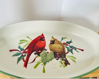 Lenox Cardinal Birds Winter Greetings Oval Baker/Server with Red and Green Accents 13” -  Vintage NEVER USED, NEW
