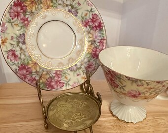 Teacup & Saucer (no stand) - Floral Footed Vintage Bone China