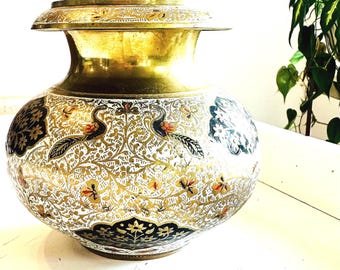 Peacock and  floral - Hand Painted Brass and Enamel Vintage Vase