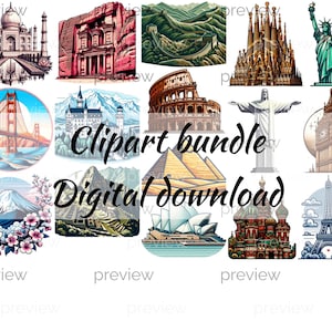 Travel Landmarks Clipart, Landmarks Bundle, World Landmarks, Famous Landmarks, Scrapbook Images, Digital Crafting, Digital Download