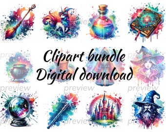 Clipart de la Escuela de Magia en Acuarela: Gráficos de Magos Fantásticos (Descarga Digital)