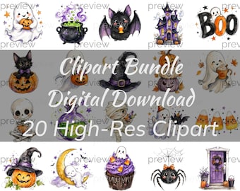 Halloween Watercolor Clipart Bundle, 20 Ghost Pumpkin Witch PNGs