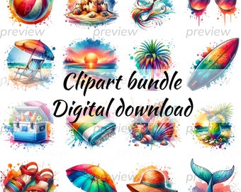 May include: A collection of watercolor clipart images with a beach theme. Includes a beach ball, sandcastle, kite, sunglasses, beach chair, sunset, palm tree, surfboard, cooler, towel, seashells, drink, sandals, umbrella, hat, and whale tail. Text reads "Clipart bundle Digital download."