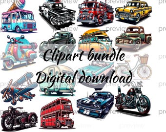 Pacchetto di clipart di veicoli d'epoca: auto retrò, camion e altro (download digitale)