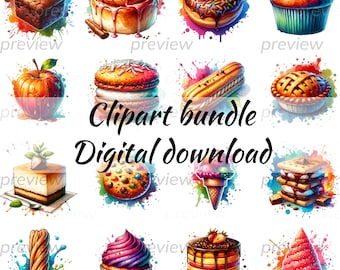 Watercolor Dessert Clipart Bundle: Sweet Treats PNG (Digital Download)