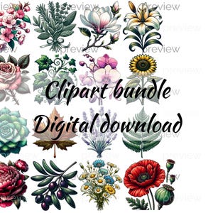 Clipart botánico, clipart de flores, clipart floral, flores vintage, arte botánico, paquete PNG, clipart de flores silvestres, descarga digital, paquete