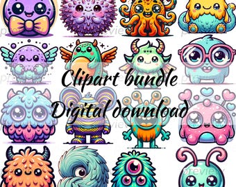 May include: A set of 12 colorful cartoon monster clip art images. The monsters are all different shapes and sizes, with big eyes and friendly expressions. The images are perfect for use in digital projects, such as scrapbooking, card making, and web design.