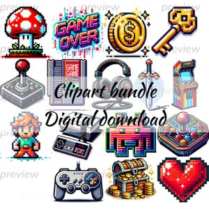 Retro gaming clipart, gaming clipart, videogames, arcade clipart, gaming graphics, retro clipart, video game kunst, clipart bundel, digitaal