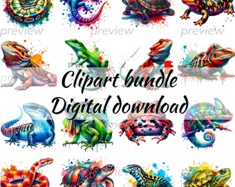 Watercolor Reptile Clipart Bundle, Lizard Gecko Turtle Iguana Chameleon Art, Digital Download PNG
