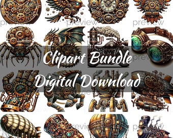 Bundle fantaisiste de cliparts steampunk : 16 PNG haute résolution, scrapbooking et sublimation, usage commercial, téléchargement numérique