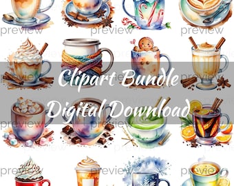 Watercolor Winter Drinks Clipart, Cozy Coffee PNG, Christmas Hot Cocoa (Digital Download)