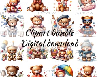 Watercolor Teddy Bear Clipart Bundle, Nursery Decor (Digital Download)