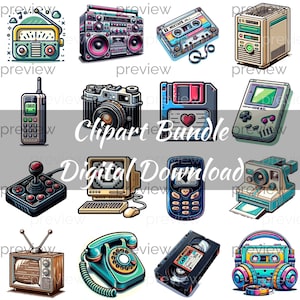 May include: A digital clipart bundle featuring retro-themed illustrations of various objects, including a boombox, cassette tape, camera, games console, phone, computer, television, and more. The illustrations are in a colourful cartoon style.