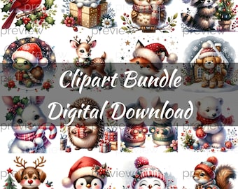 Christmas Critters Clipart Bundle, Winter Animals (Digital Download)