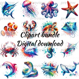 Meer Aquarell Clipart, Clipart-Bundle, unter dem Meer Png, Sommer Clipart, Meerestiere Clipart, Aquarell Meer Leben, digitaler Download