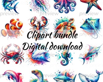 Ocean Life Watercolor Clipart Bundle: Sea Animals (Digital Download)