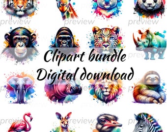Aquarel dierentuindieren clipart: safari kinderkamerkunst (digitale download)