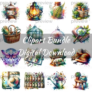 Watercolor Greenhouse Clipart Bundle: Botanical Garden PNG Illustrations (Digital Download