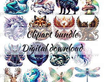 Enchanting Magical Creatures Clipart Bundle: Fantasy PNG Illustrations (Digital Download)