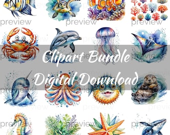 Watercolor Sea Life Clipart Bundle | Marine Animals PNG (Digital Download)