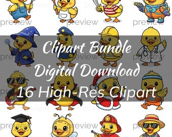 Cartoon Duck Clipart Bundle, 16 High-Res PNGs (Digital Download)