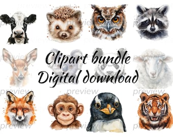 Watercolor Animal Face Clipart Bundle (Digital Download)