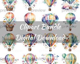 Watercolor Hot Air Balloon Clipart Bundle - Whimsical PNG (Digital Download)