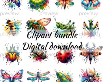Insect Watercolor Clipart Bundle, Cute Bug Graphics (Digital Download)