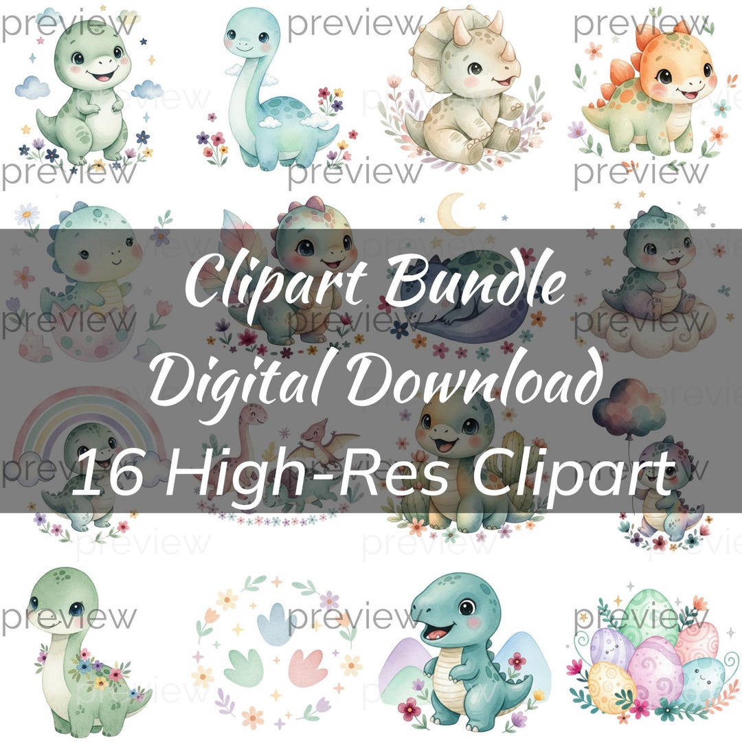 Dinosaur Clipart Bundle, Baby Dinosaur Clipart, Nursery Dino PNG, Cute ...
