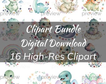 Baby Dinosaur Clipart Bundle, Nursery Dino PNG, Watercolor Elements (Digital Download)