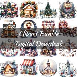 Christmas Village Clipart, Christmas Clipart, Winter Clipart, Christmas Bundle, Holiday Clipart, Christmas Graphics, Clipart Bundle, Digital