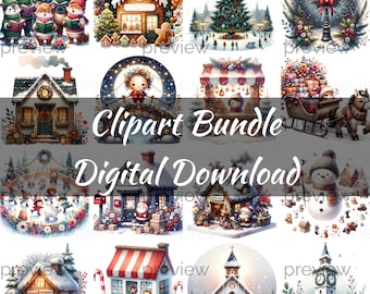 Christmas Village Clipart Bundle: Winter Holiday Graphics (Digital Download)