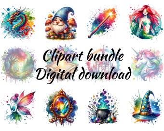 Op de afbeelding: Een verzameling aquarel clipart afbeeldingen met fantasie-elementen. Bevat een draak, kabouter, toverstaf, zeemeermin, bosscène, eenhoorn, fee, spiegel, ketel en tovenaars hoed. De tekst "Clipart bundle Digital download" is ook aanwezig.