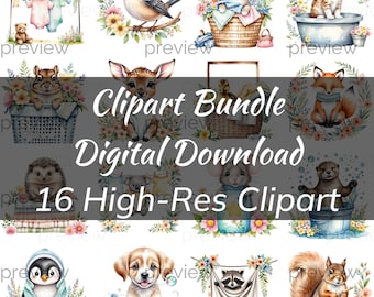 Baby Animals Doing Laundry Clipart Bundle Digital Download